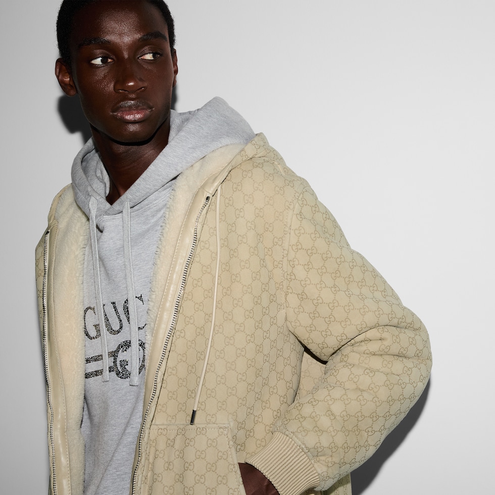GG shearling hooded bomber jacket in light beige | GUCCI® SI