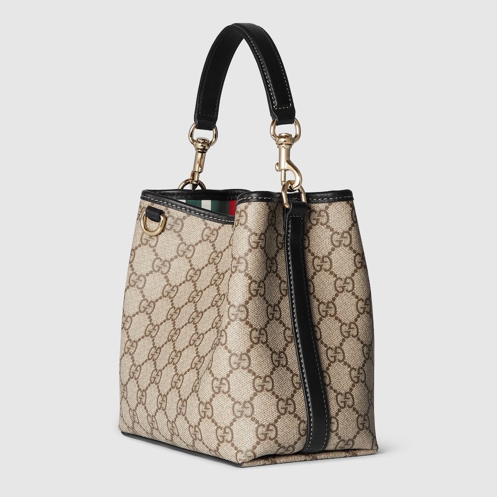 GG Emblem mini bucket bag in beige and dark brown fabric | GUCCI® US