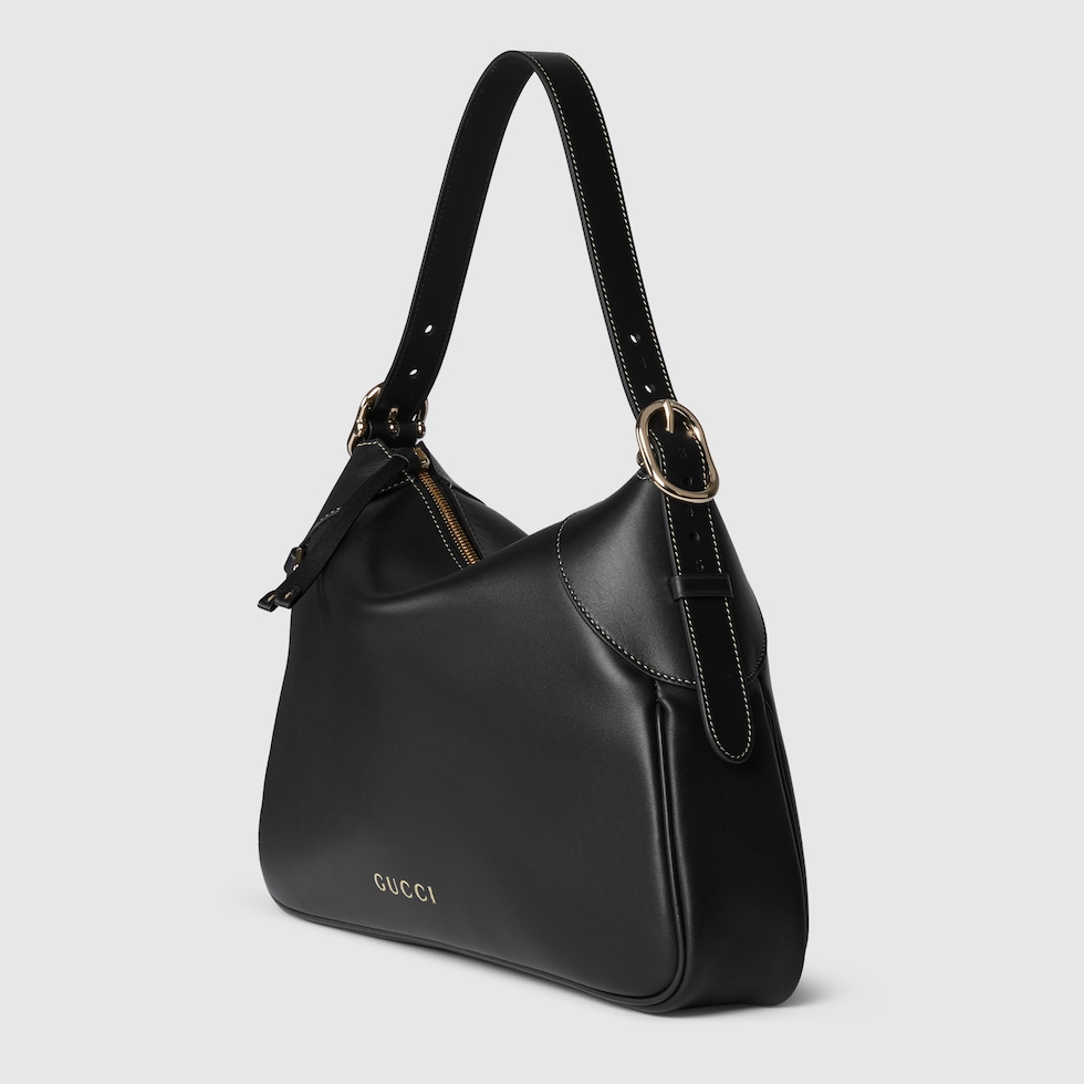 GG Emblem large shoulder bag in black leather | GUCCI® US