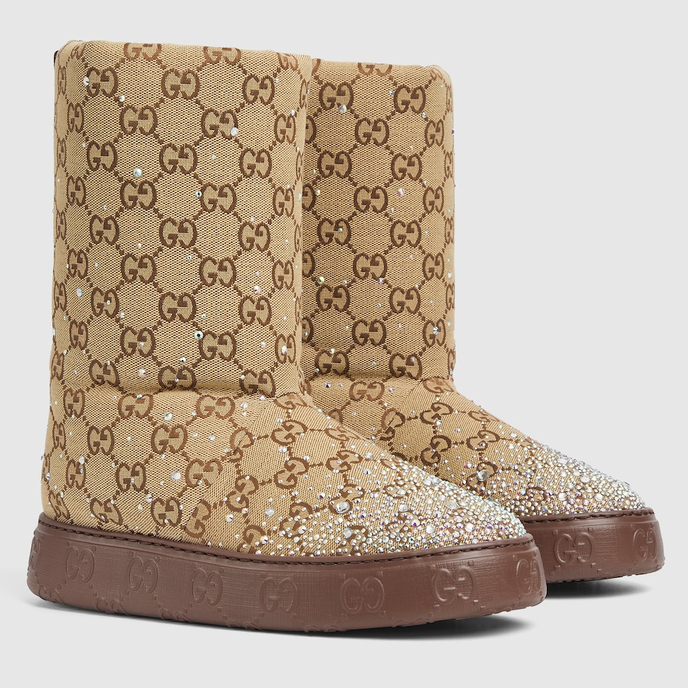 Women s boot with crystals in beige and dark brown GG canvas GUCCI Canada