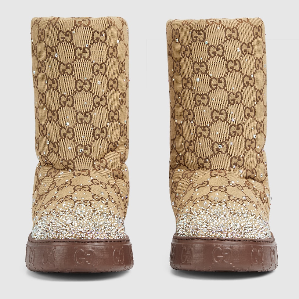 Women s boot with crystals in beige and dark brown GG canvas GUCCI Canada