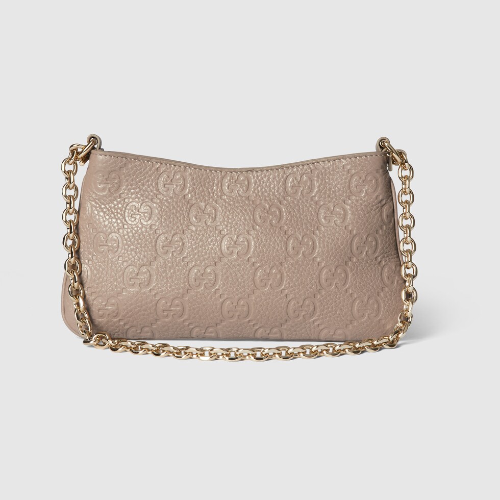 GG Emblem small shoulder bag in taupe leather | GUCCI® US