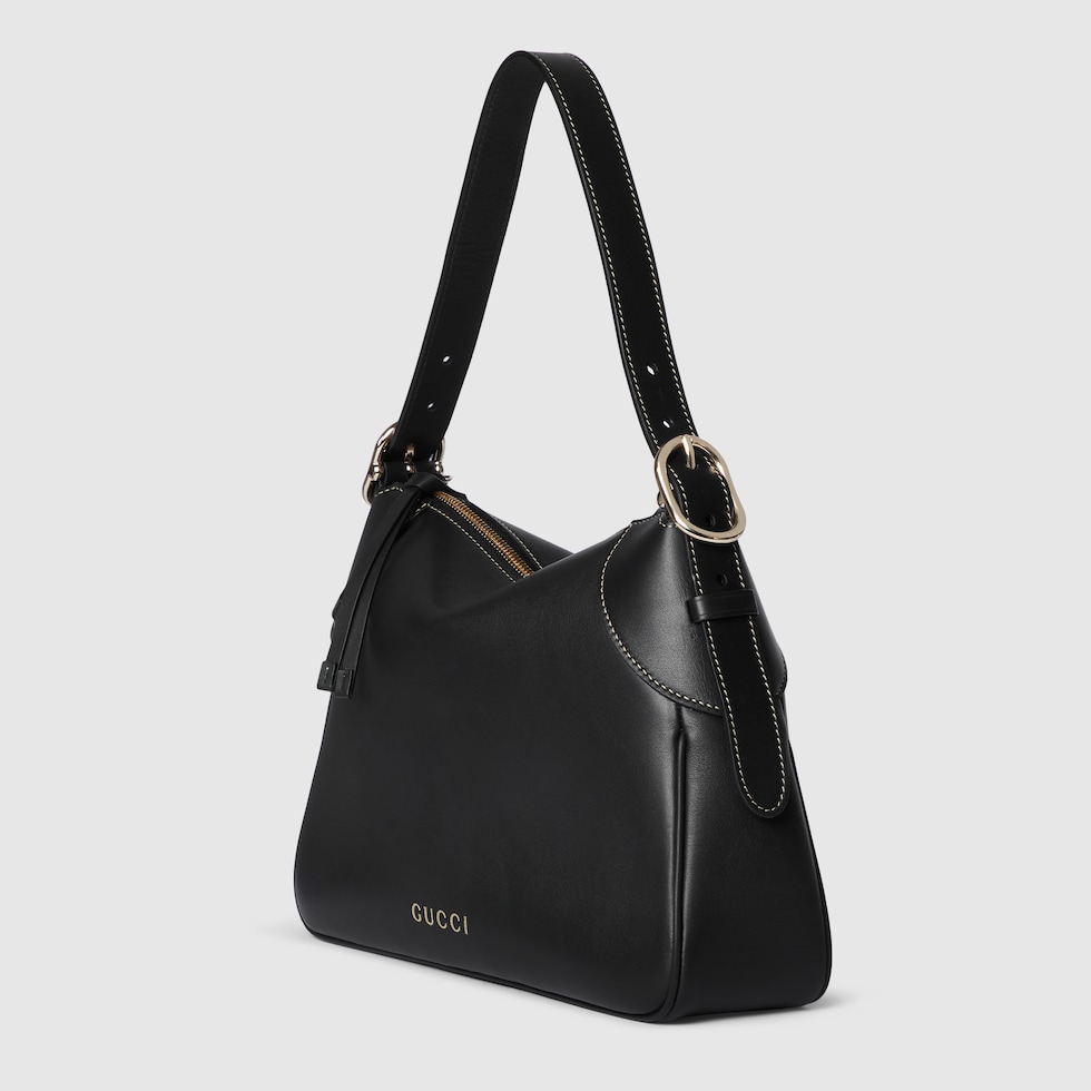 GG Emblem medium shoulder bag in black leather | GUCCI® US GG Emblem medium shoulder bag in black leather | GUCCI® US