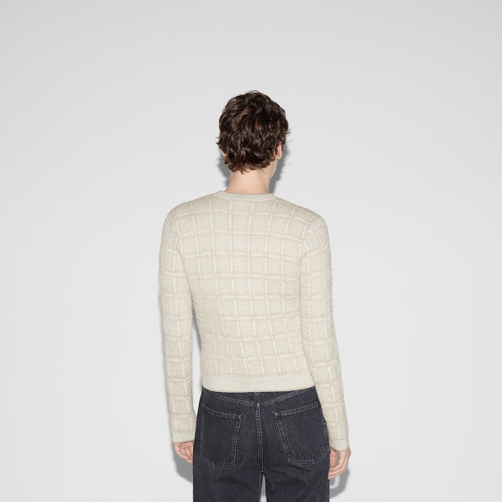 Wool and lamé check jacquard cardigan in white and gold