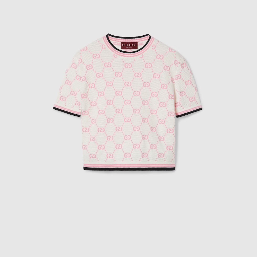 Cotton crewneck top with GG intarsia in ivory and pink