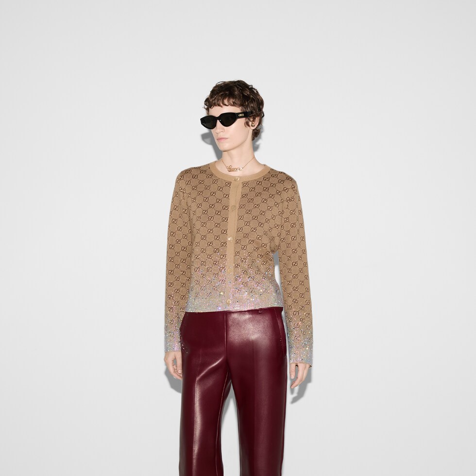 Embroidered wool GG jacquard cardigan in beige and dark