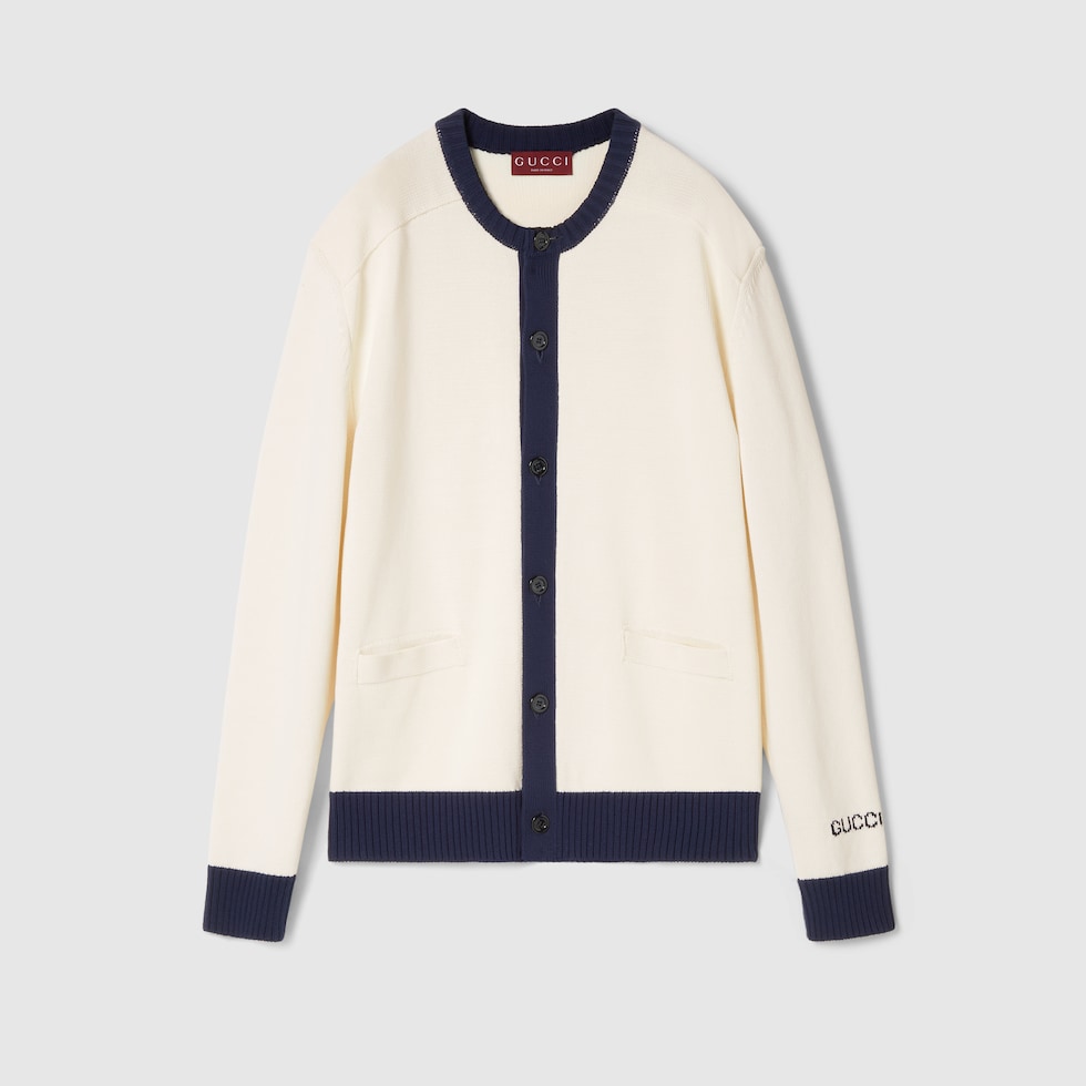 Gucci アイボリー レッド カーディガン　メンズ インターシャ コットン カーディガンホワイト＆ネイビー | GUCCI公式