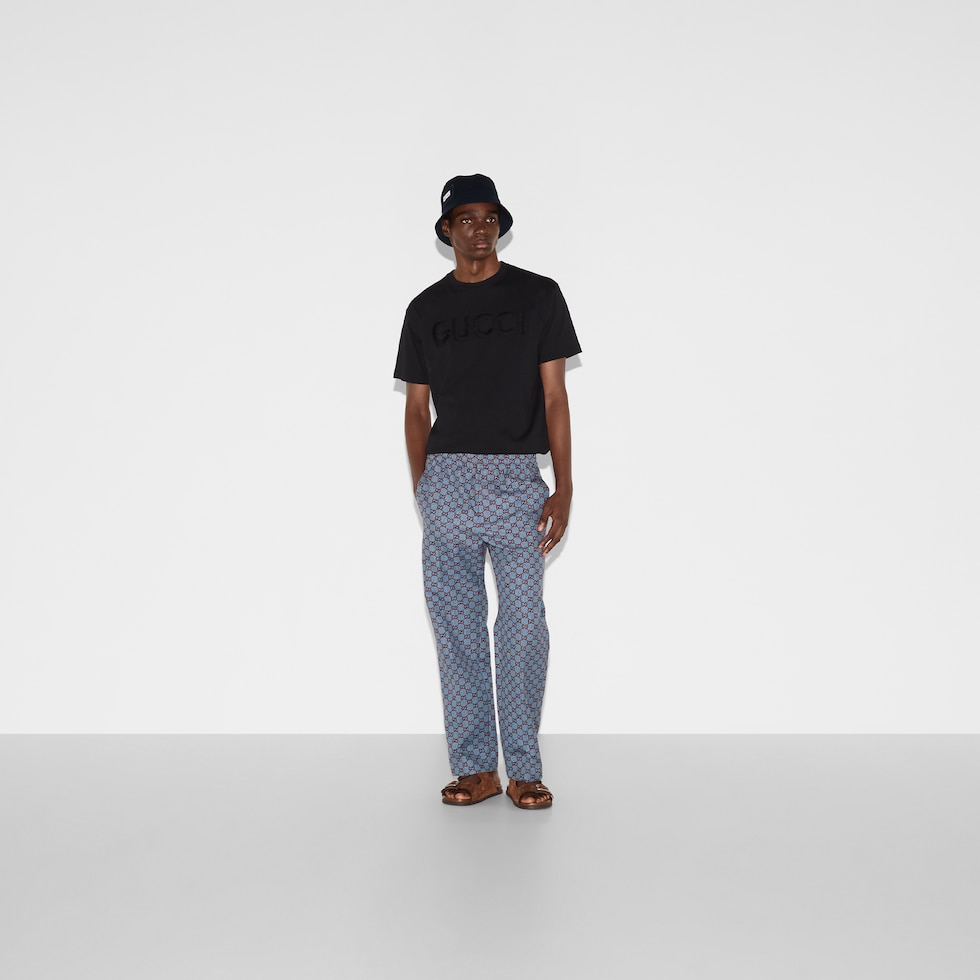 GG pied-de-poule wool leisure pants in light blue and