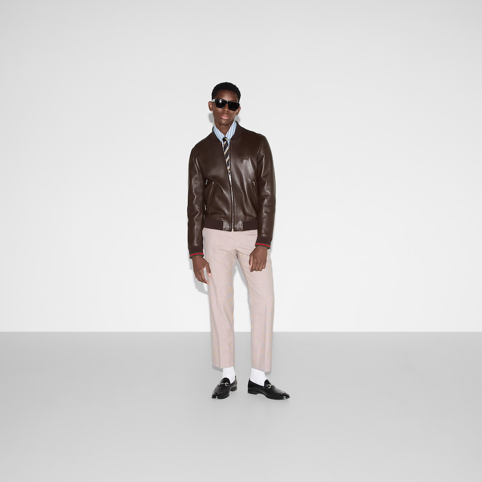 Leather bomber jacket with embroidery in brown | GUCCI® US