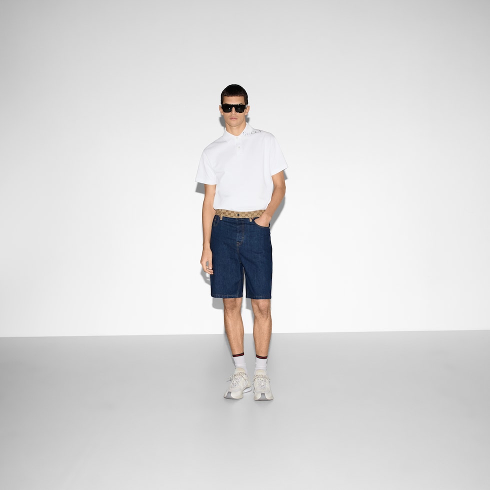 Printed cotton polo shirt in white | GUCCI® US