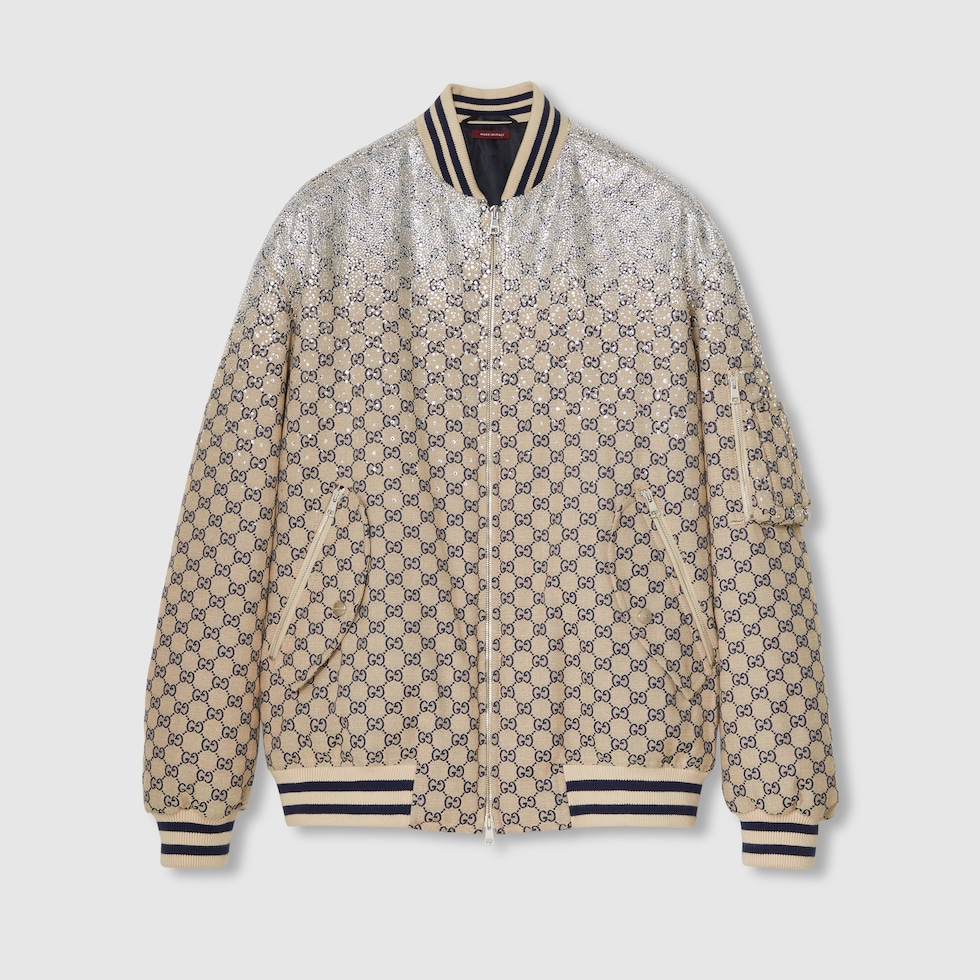 GG canvas bomber jacket with crystals in oatmeal and blue