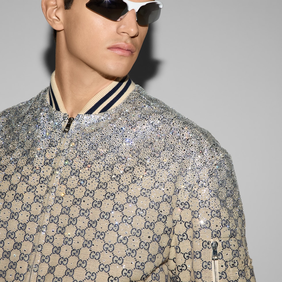 GG canvas bomber jacket with crystals in oatmeal and blue