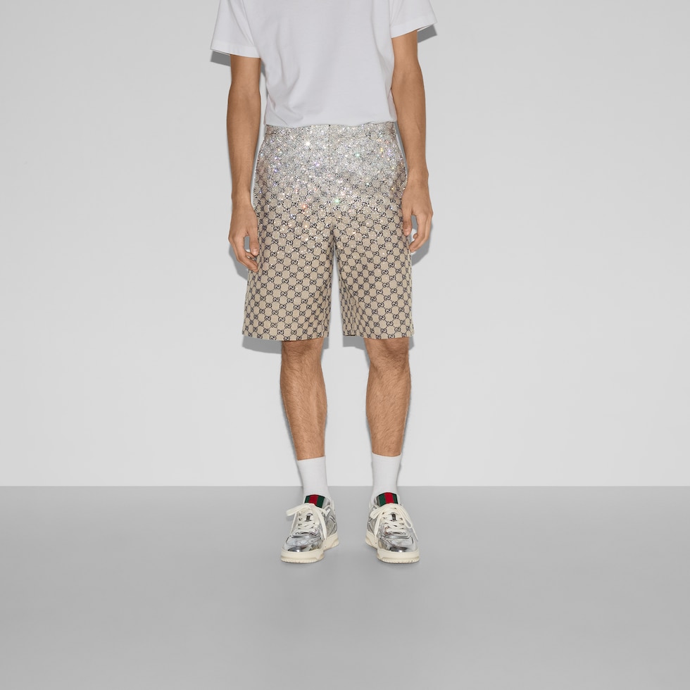 GG canvas shorts with crystals in oatmeal and blue | GUCCI® US