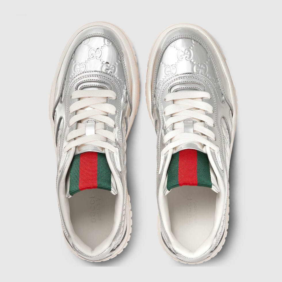 Women s Gucci Re Web sneaker in silver metallic leather GUCCI Canada