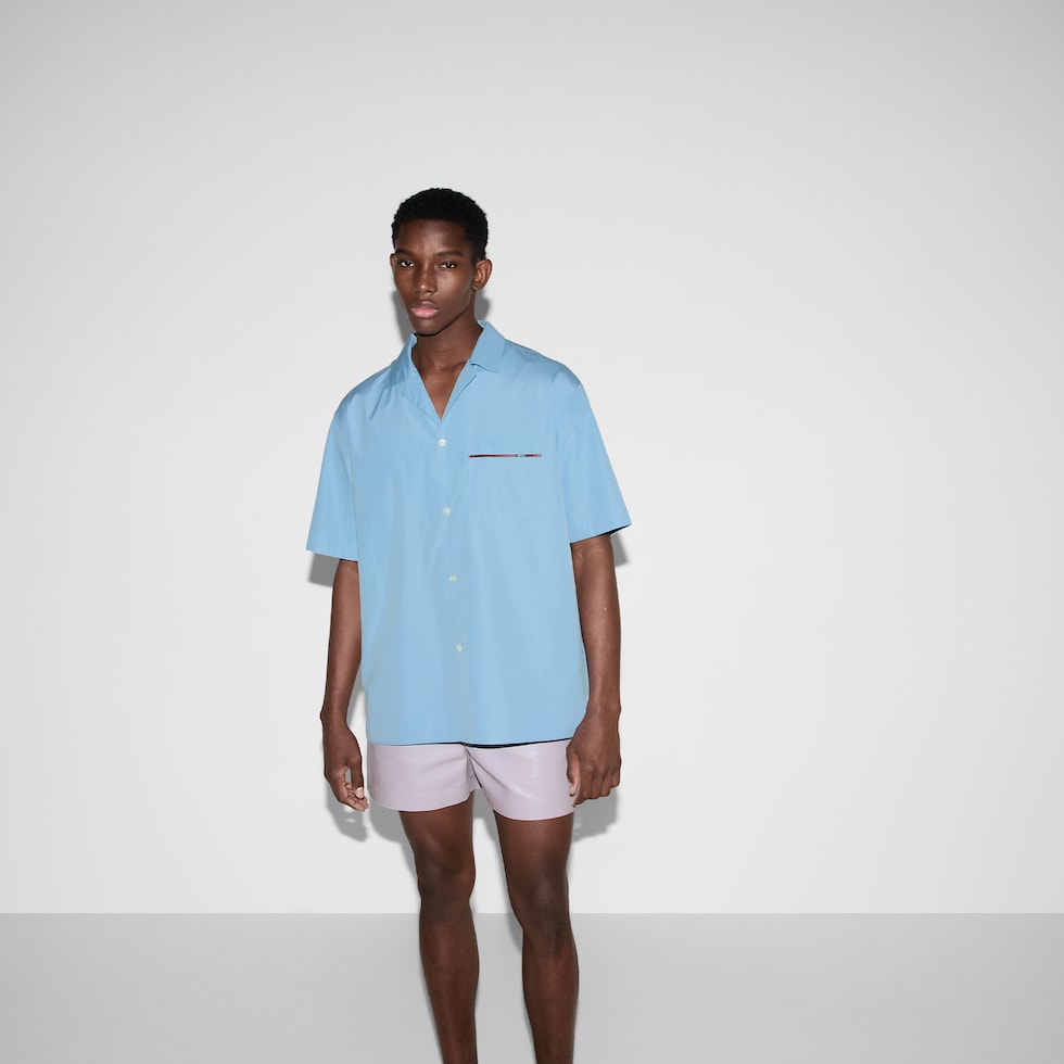 Regular fit cotton shirt with Web in light blue | GUCCI® US