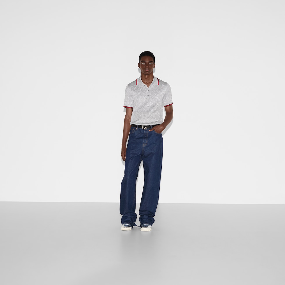 Lamé knit polo shirt in silver | GUCCI® US Lamé knit polo shirt in silver | GUCCI® US