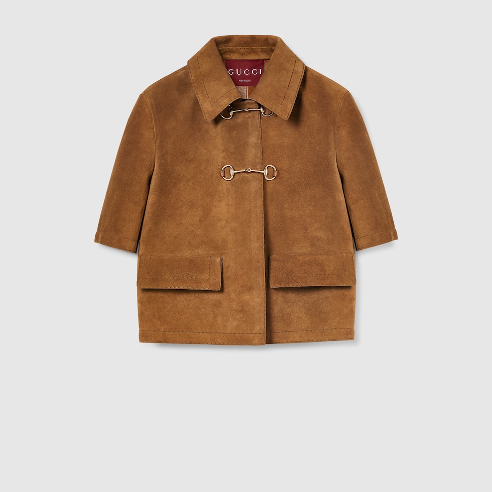 Suede jacket with Horsebit in brown | GUCCI® US