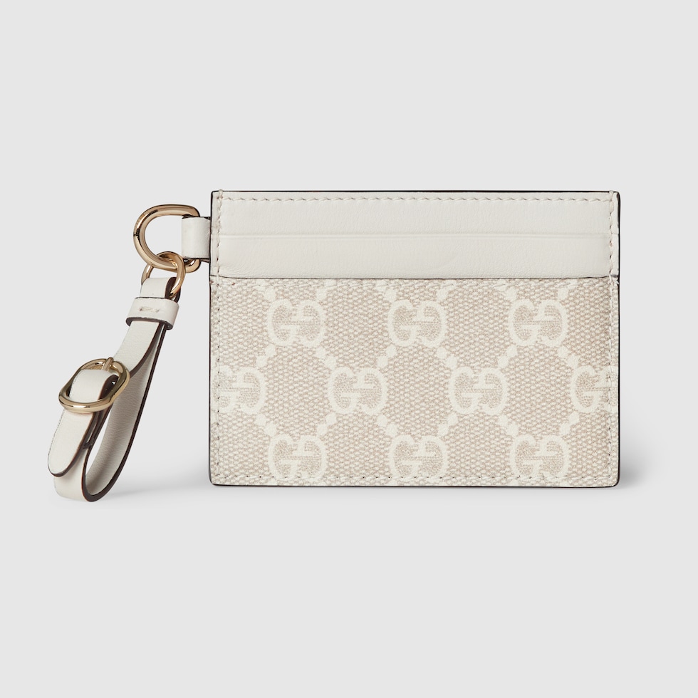 GG Emblem card case with strap in beige and white fabric