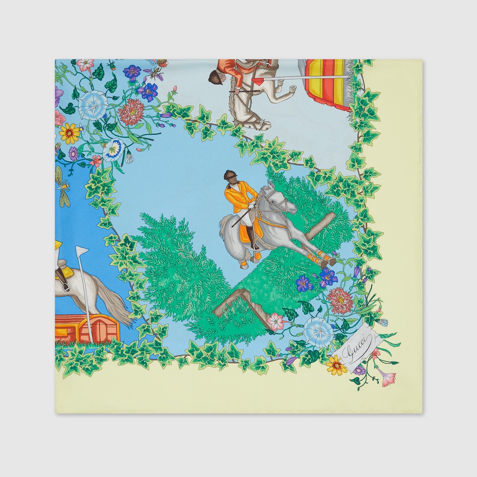 Gucci 　イラストデザイン 　シルクスカーフ プリント シルクツイル スカーフターコイズブルー＆マルチカラー