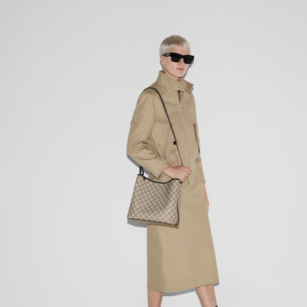 GG Emblem small shoulder bag in beige and dark brown fabric