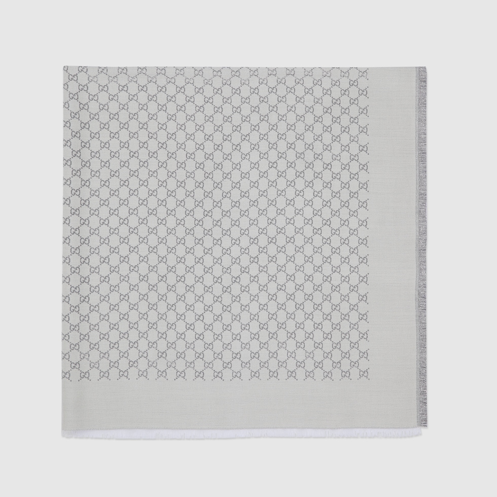 GG jacquard wool silk lamé shawl in white and light grey