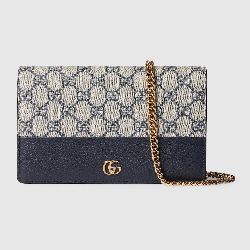 Mini sac GG Marmont bicolore avec chaine en toile Supreme beige et bleue GUCCI FR