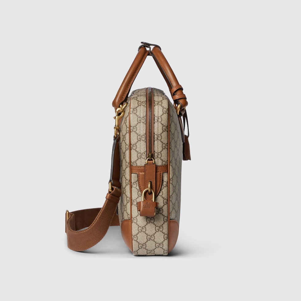GG Emblem medium briefcase in beige and dark brown fabric