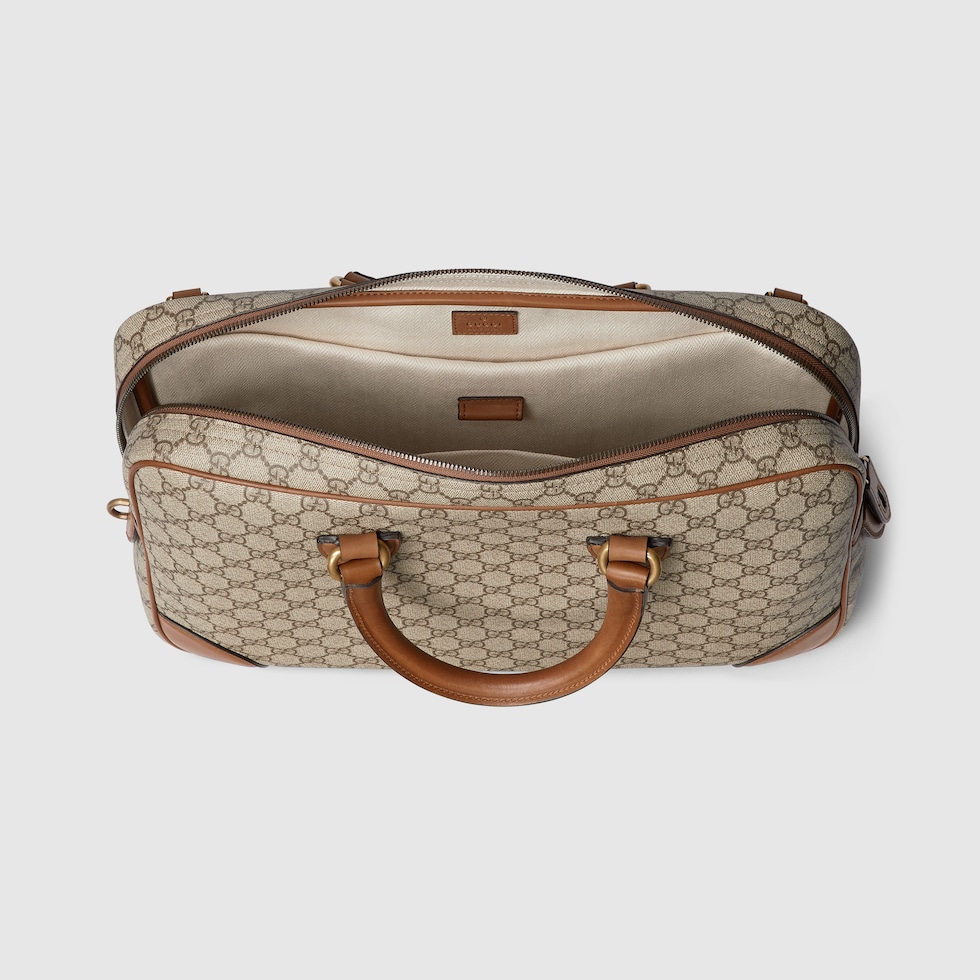 GG Emblem medium briefcase in beige and dark brown fabric GG Emblem medium briefcase in beige and dark brown fabric