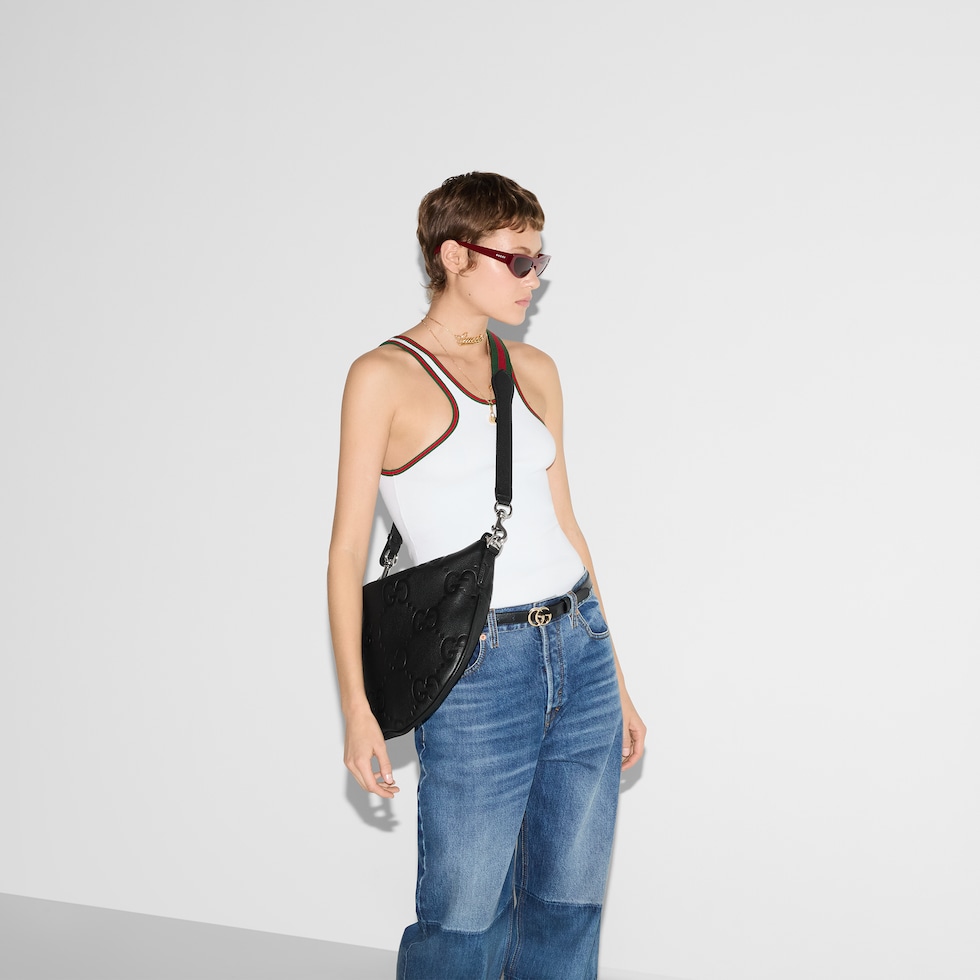 Gucci B medium shoulder bag in black GG leather | GUCCI® US