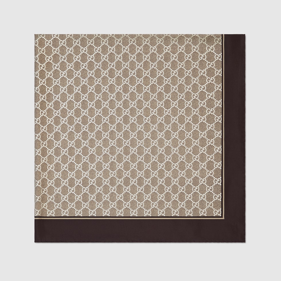 Laminated printed silk twill carré in brown | GUCCI® US