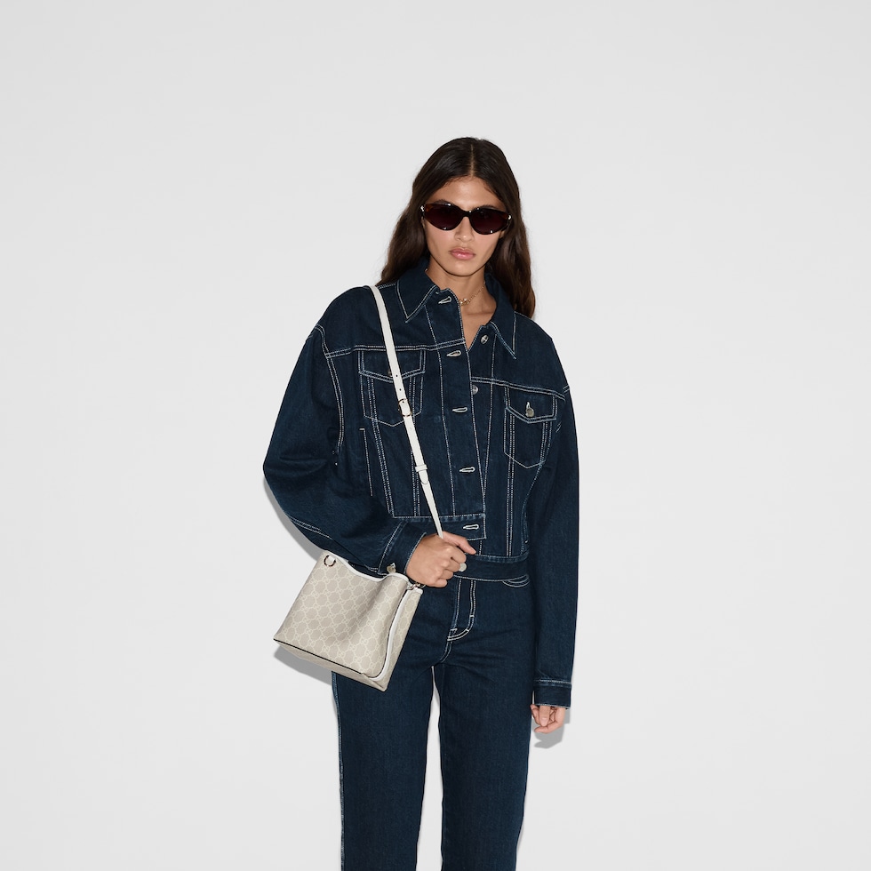 GG Emblem small bucket bag in beige and white fabric | GUCCI® US