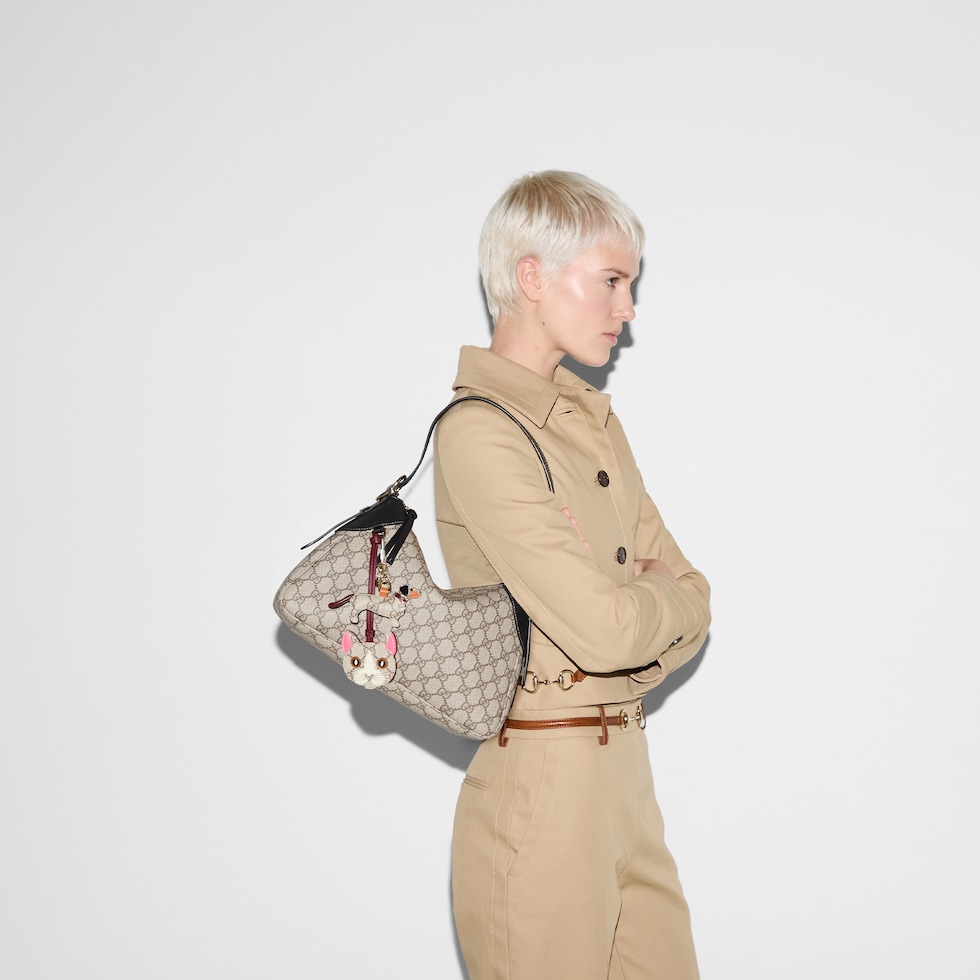GG Emblem medium shoulder bag in beige and dark brown fabric GG Emblem medium shoulder bag in beige and dark brown fabric
