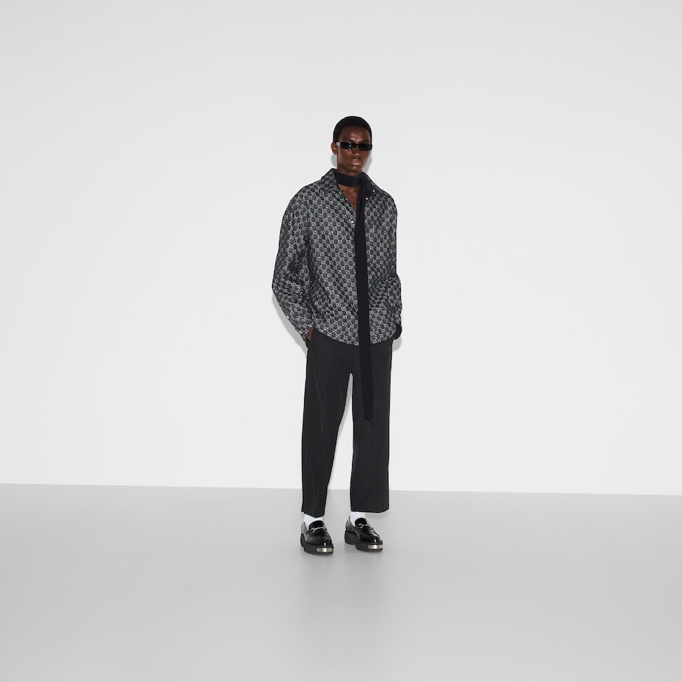 Reversible wool and GG denim shirt in black and dark grey