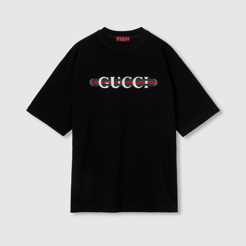 Printed cotton jersey T-shirt in black | GUCCI® US