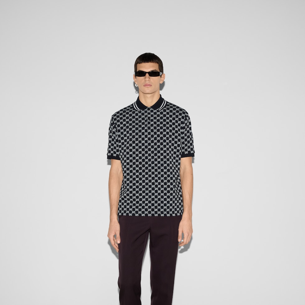 GG 코튼 피케 자카드 폴로 셔츠 - 네이비/화이트 | 구찌® 코리아