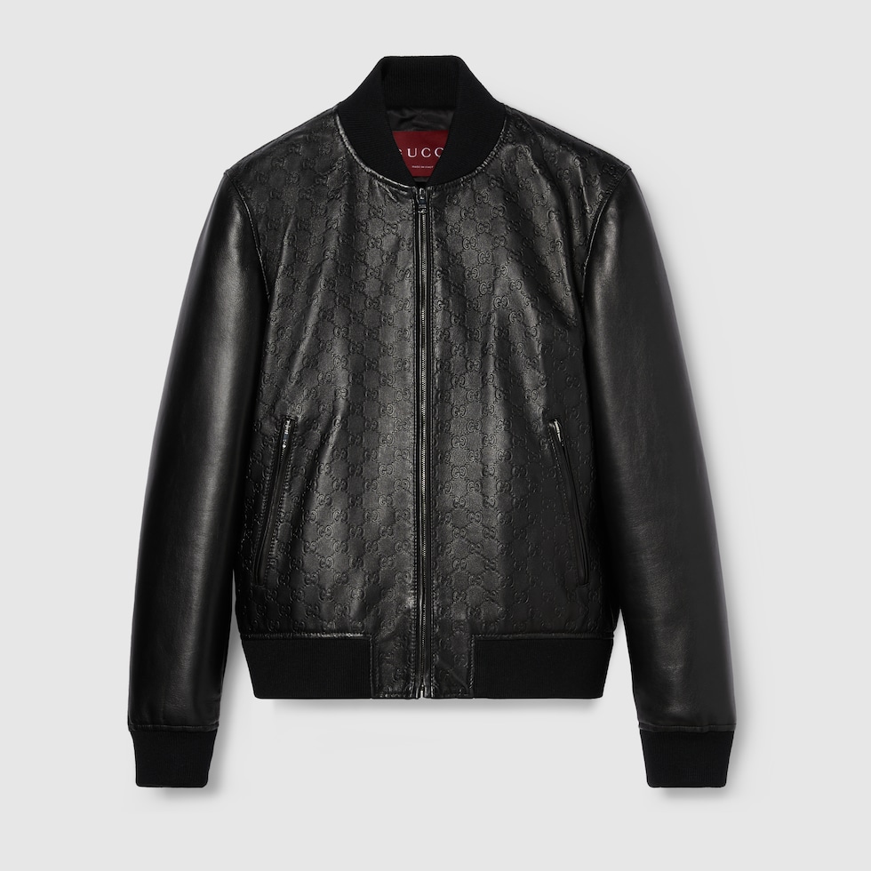 Embossed GG leather bomber jacket in black | GUCCI® UK