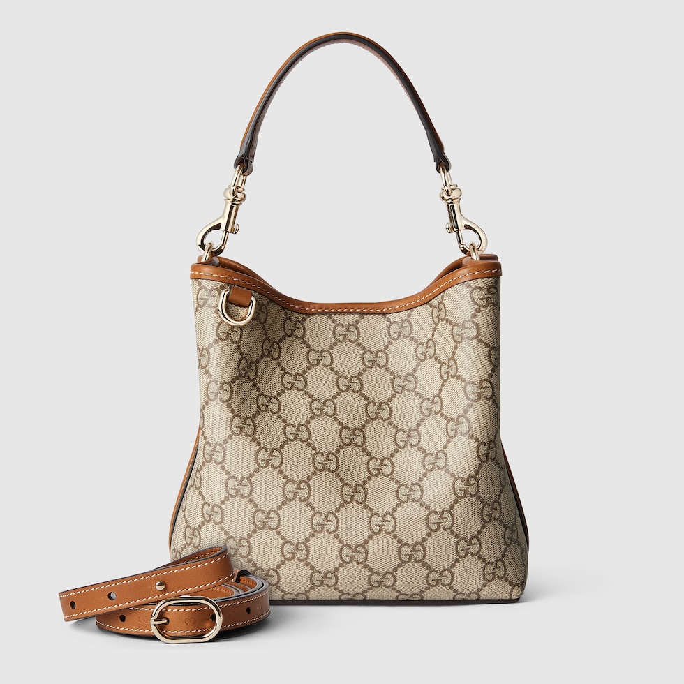 GG Emblem mini bucket bag in beige and dark brown canvas GUCCI Canada