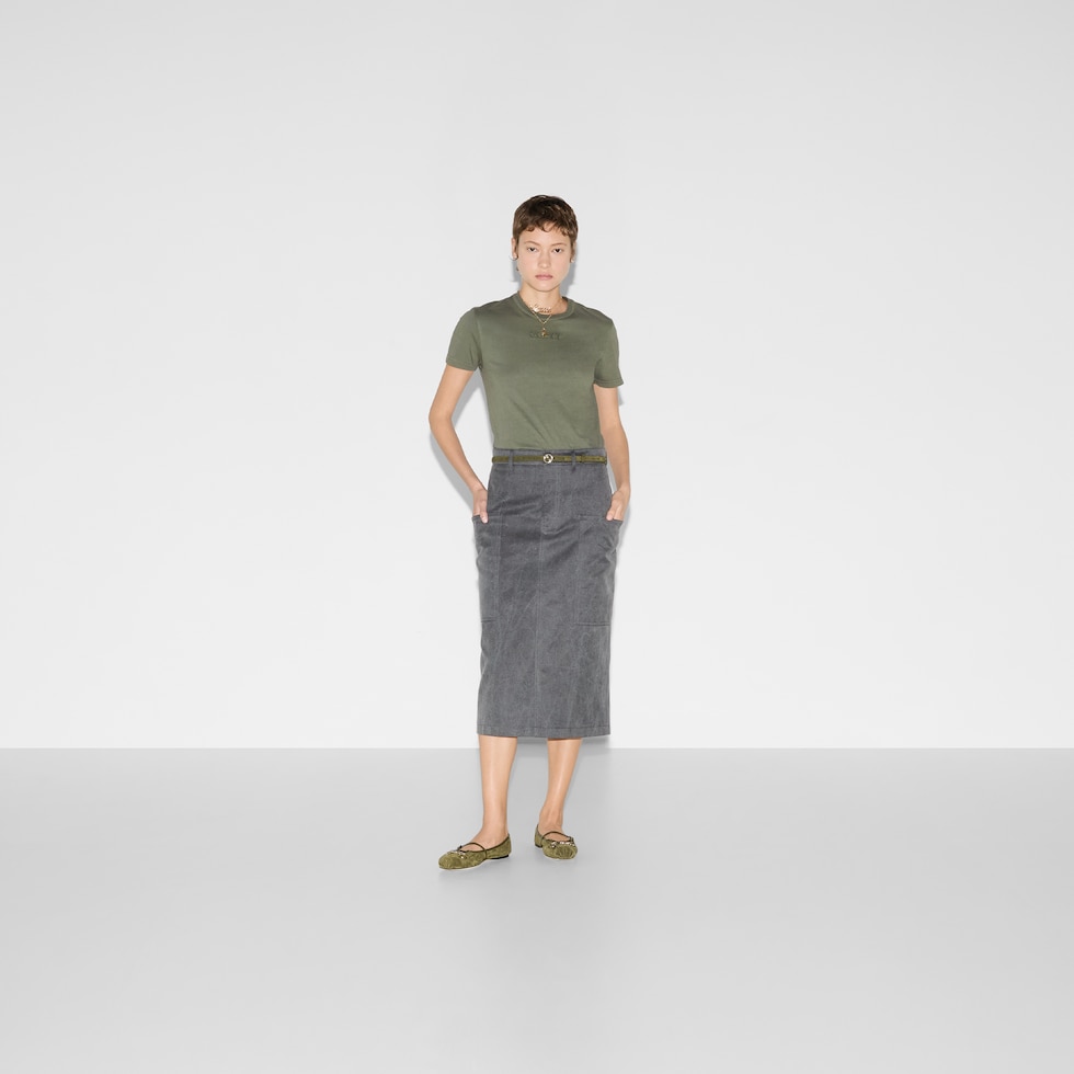 Embroidered cotton jersey T-shirt in dark green | GUCCI® US Embroidered cotton jersey T-shirt in dark green | GUCCI® US