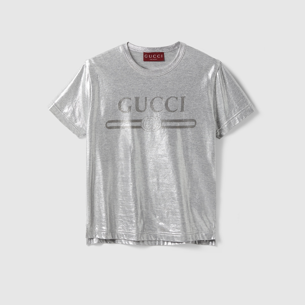 Printed laminated cotton T-shirt in grey and silver | GUCCI® US
