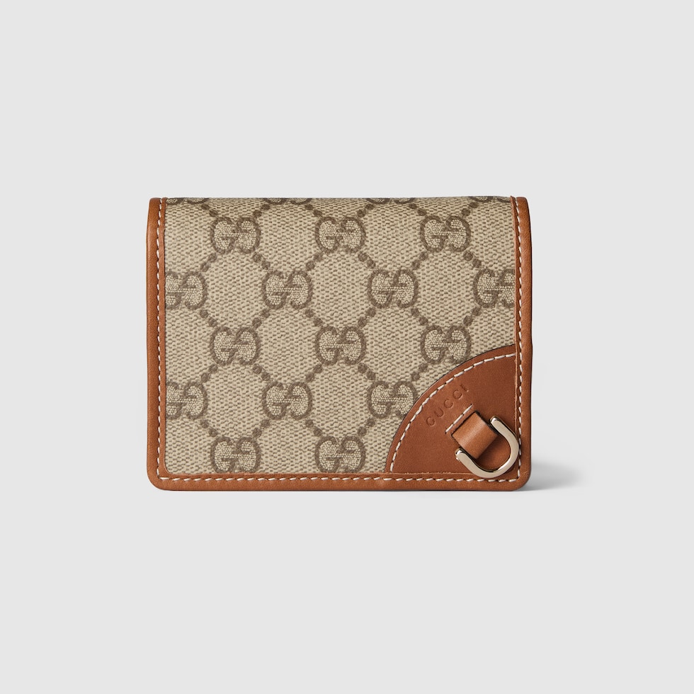 GG Emblem mini wallet in beige and dark brown fabric | GUCCI® US