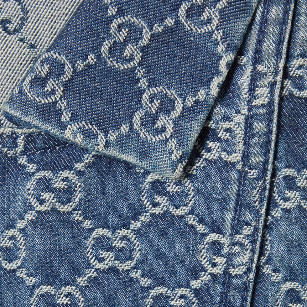 Children's GG denim jacquard dress in blue and ivory | GUCCI® US