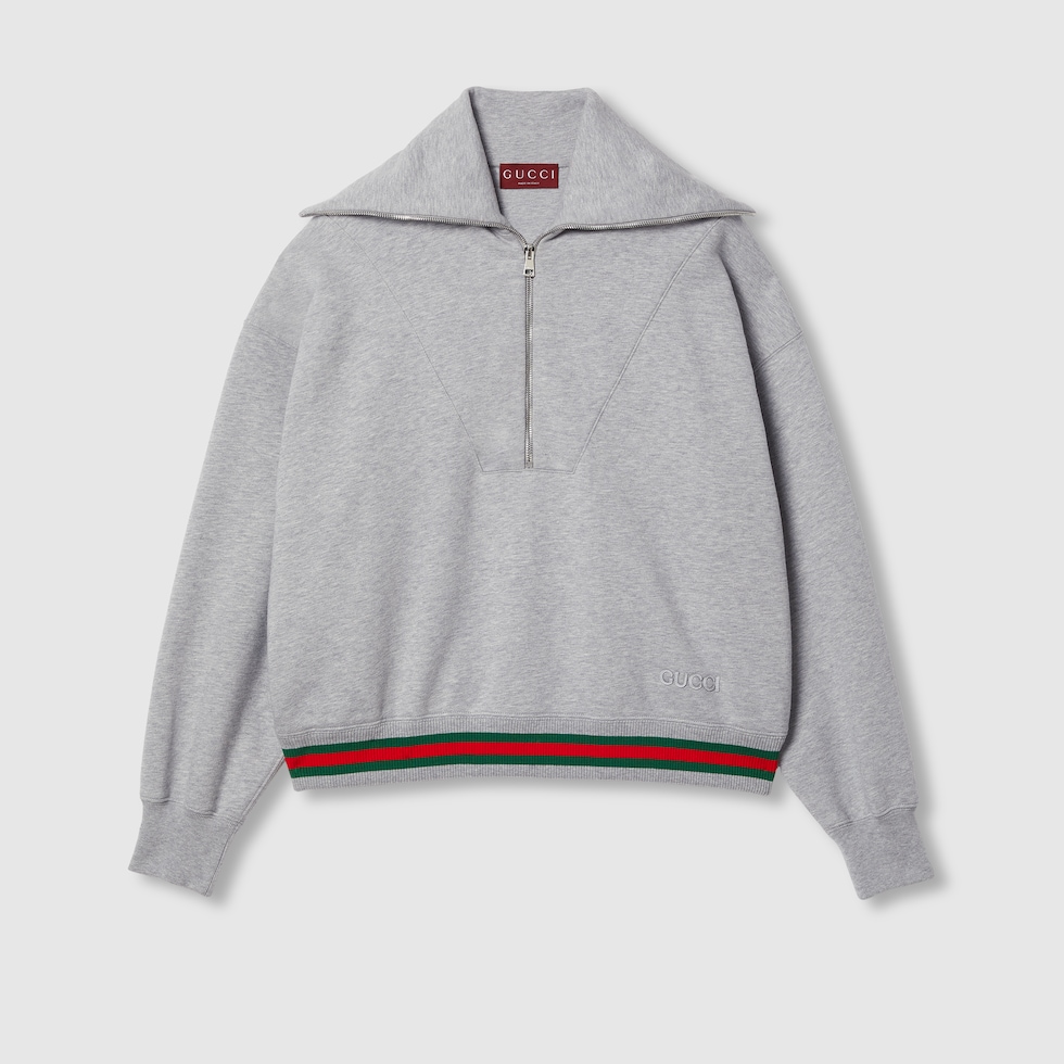 GUCCI Grey Sweatshirt With Half Zip Closure And Web Detail On The Wais