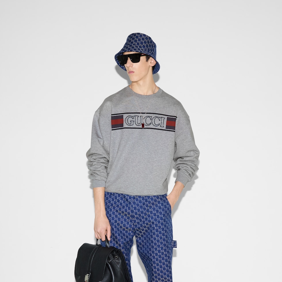 Cotton jersey sweatshirt with embroidery in grey | GUCCI® US Cotton jersey sweatshirt with embroidery in grey | GUCCI® US