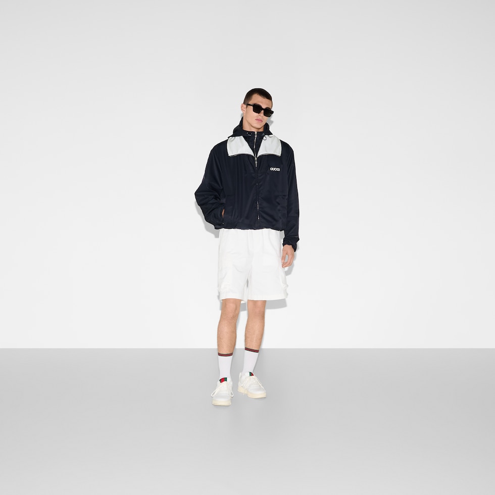 Nylon twill jacket with patch in dark blue | GUCCI® US Nylon twill jacket with patch in dark blue | GUCCI® US