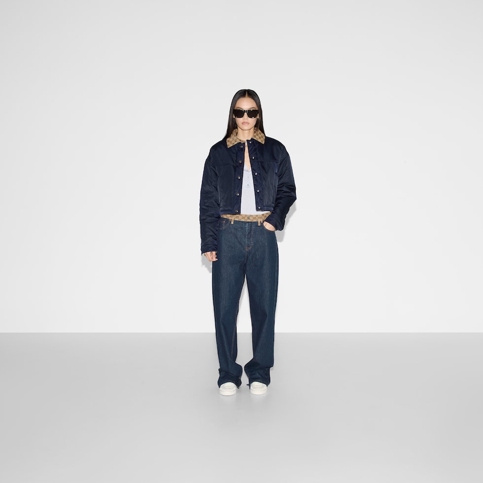 Reversible gabardine nylon jacket in dark blue | GUCCI® US