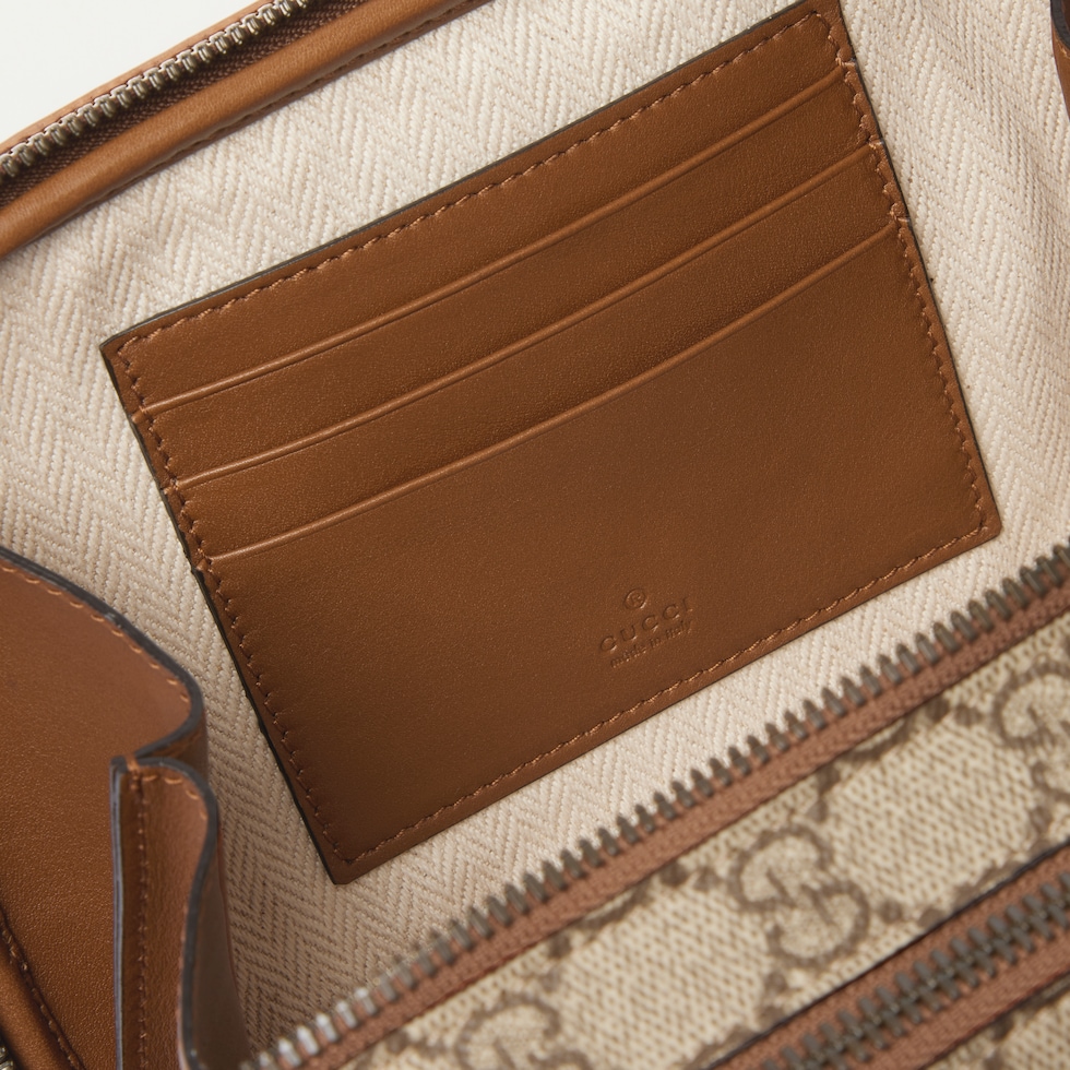 GG Emblem mini bag in beige and dark brown fabric | GUCCI® US GG Emblem mini bag in beige and dark brown fabric | GUCCI® US
