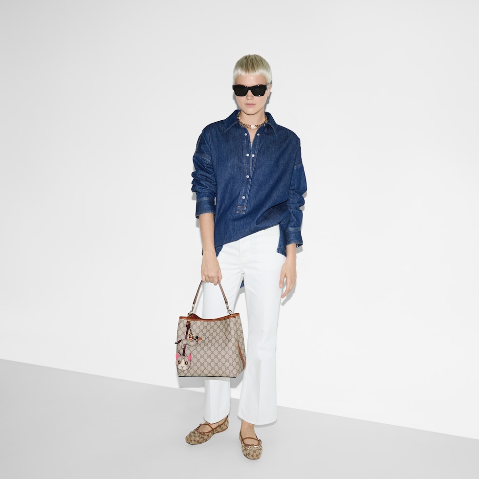 GG Emblem medium bucket bag in beige and dark brown fabric