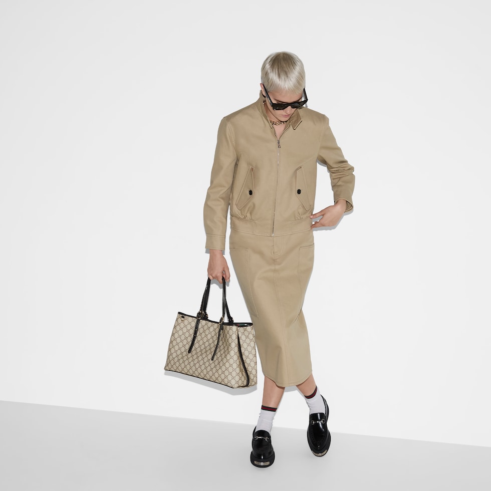 GG Emblem large tote bag in beige and dark brown fabric