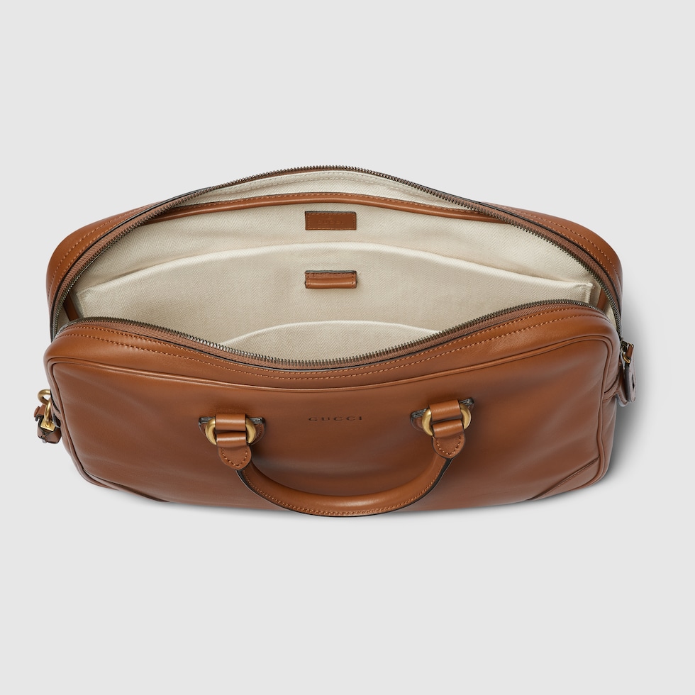 GG Emblem medium briefcase in brown leather | GUCCI® US GG Emblem medium briefcase in brown leather | GUCCI® US