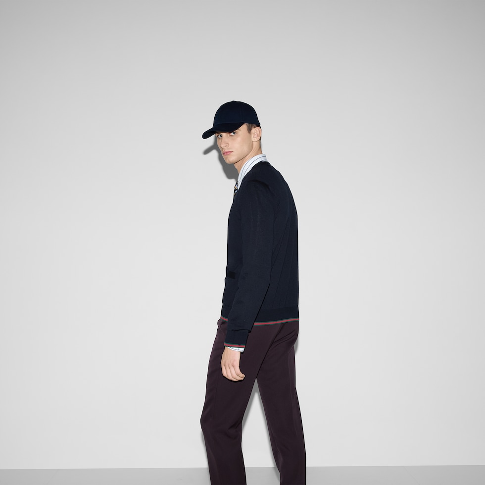 Wool knit cardigan with Web in dark blue | GUCCI® US
